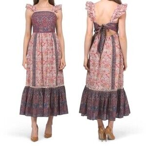 NEW Haute Hippie Tiered Maxi Dress Red Blue Floral Size 10 Prairie Boho Cowgirl